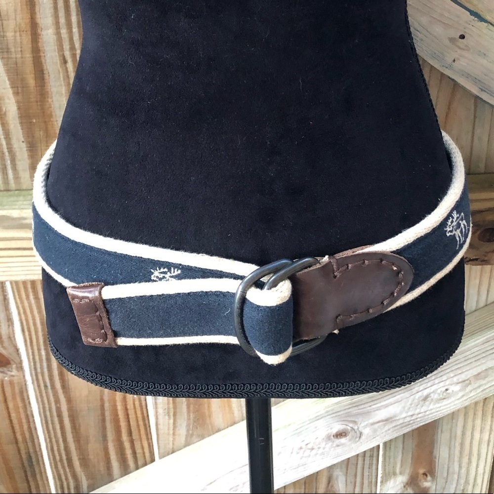 Vintage Wide Navy Blue Cotton Belt White Embroidered Moose Brown Leather Tabs 28